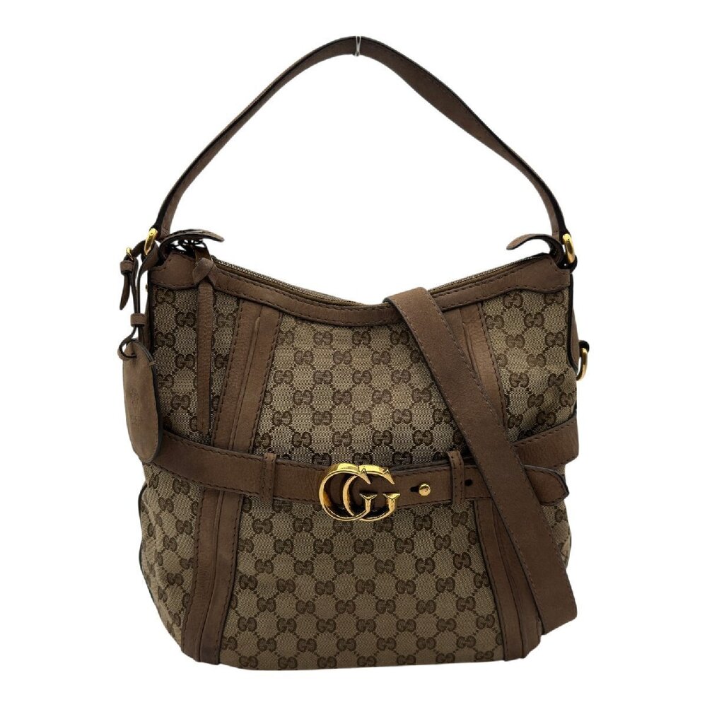 Gucci GG Canvas Running Hobo Bag Brown Leather Shoulder